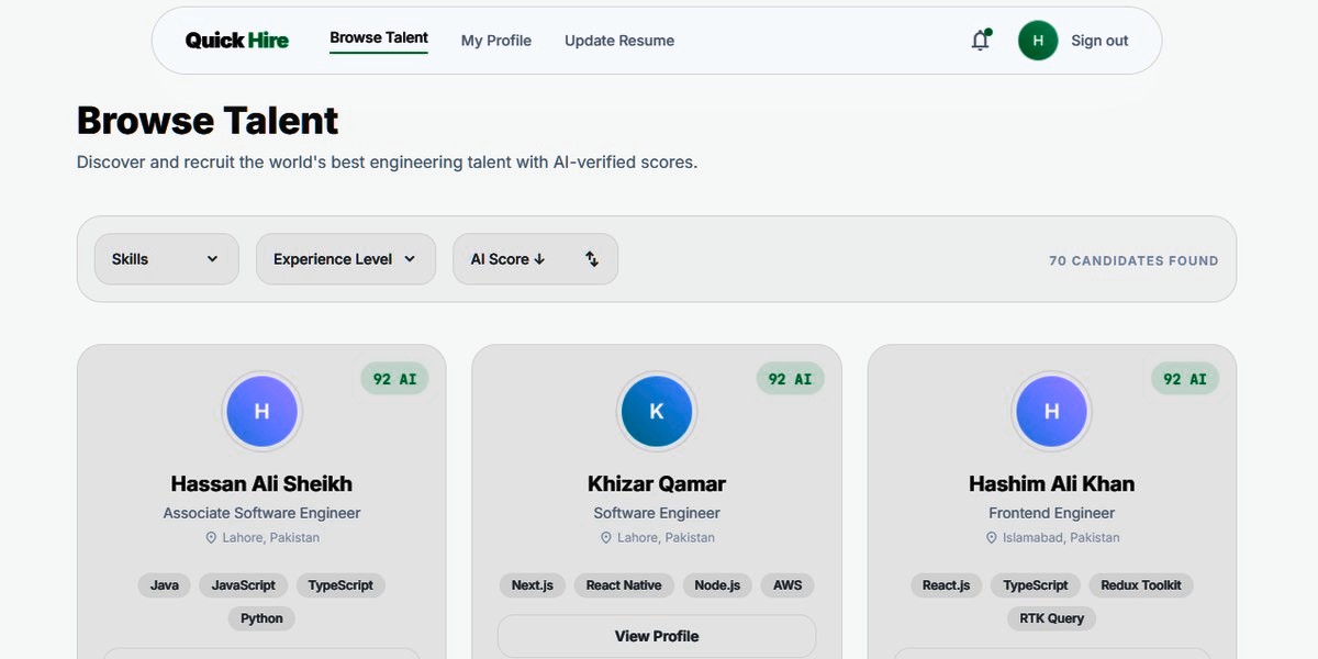 QuickHire talent search platform
